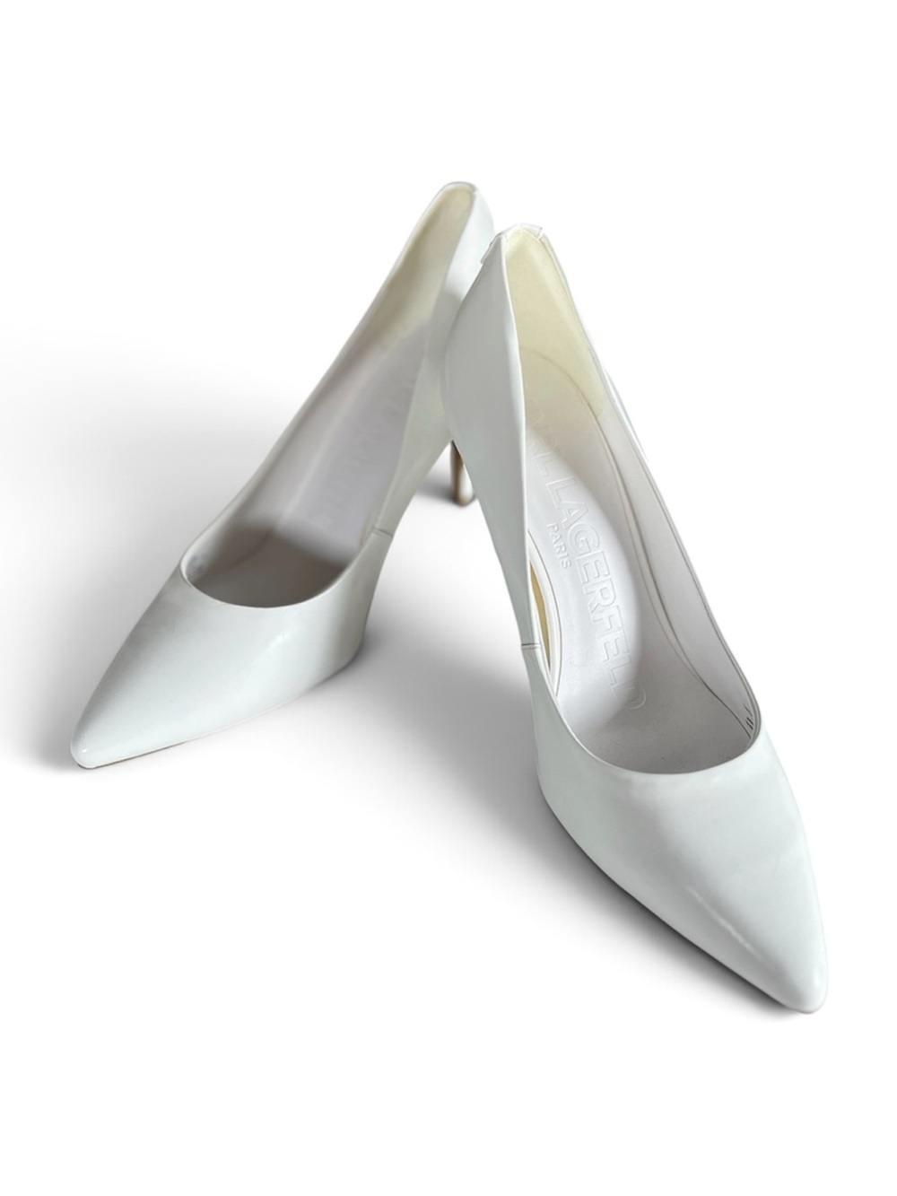 Karl Lagerfeld Paris White Patent Leather Pointed Toe Pumps Size 7.5M